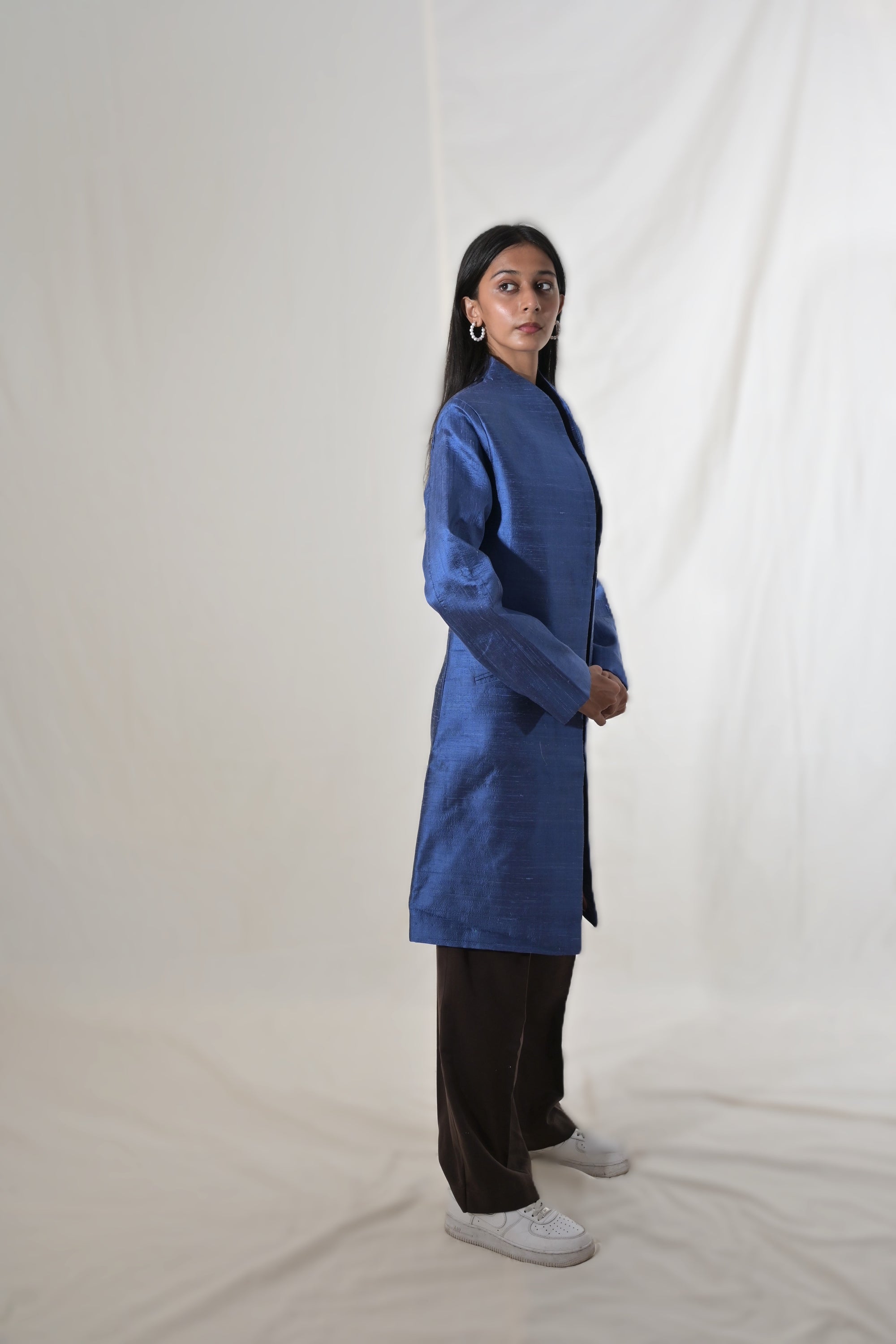 Blue - Jodhpur Blue Silk - Swing Coat Jacket