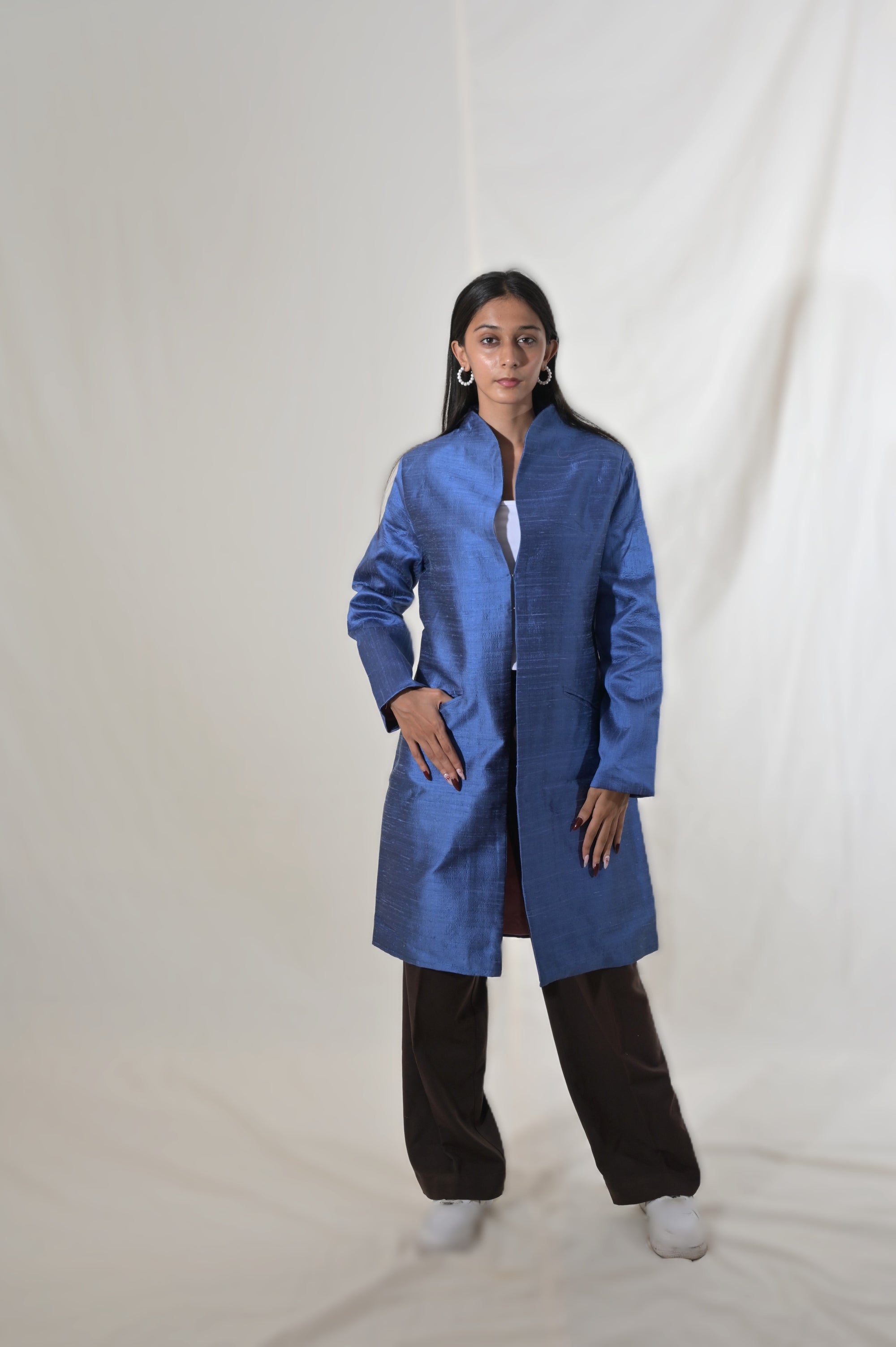 Blue - Jodhpur Blue Silk - Swing Coat Jacket