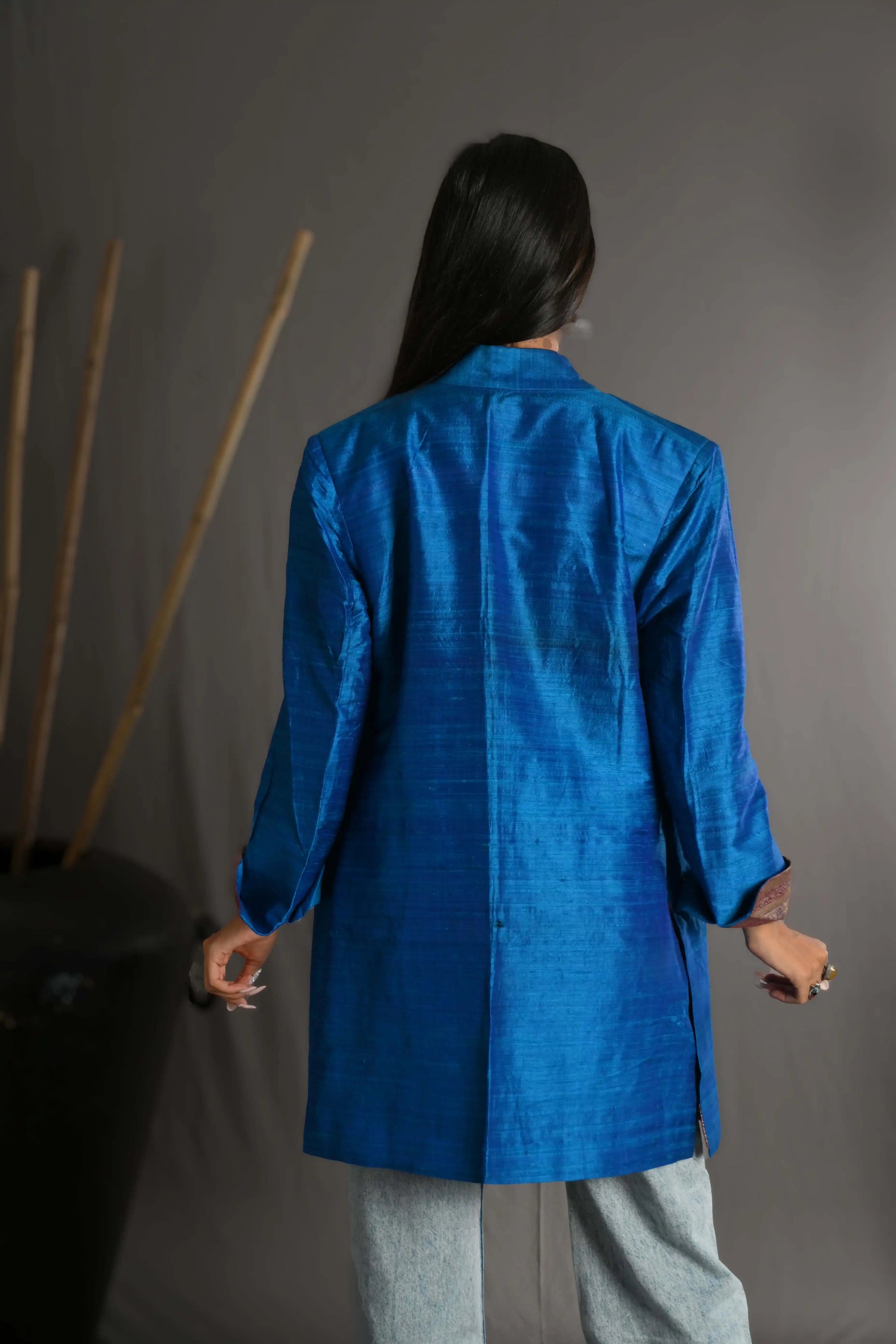 Green - Peacock Blue Silk - Jodhpur Coat Jacket