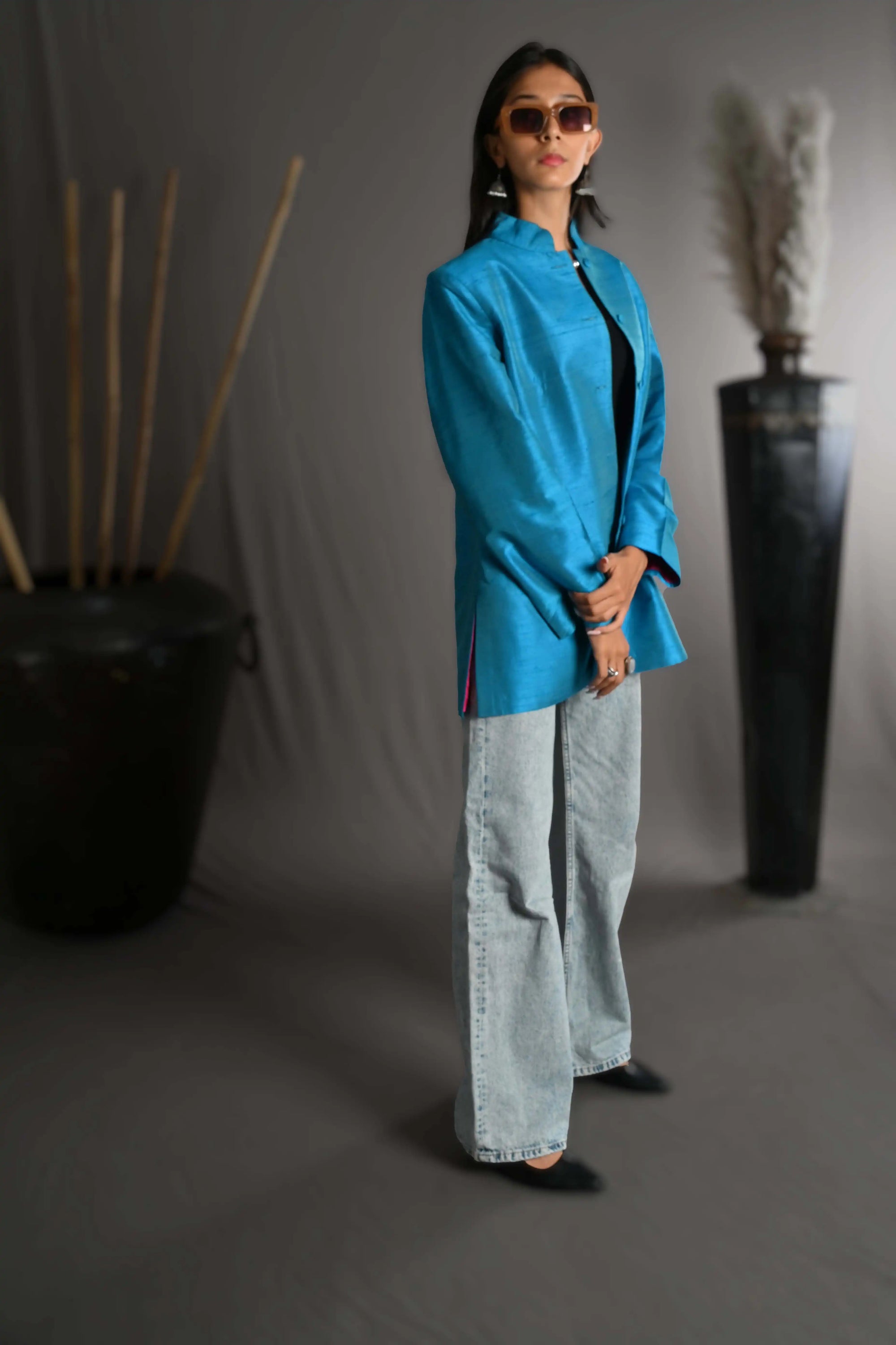 Blue - Paradise Blue Silk - Jodhpur Coat Jacket